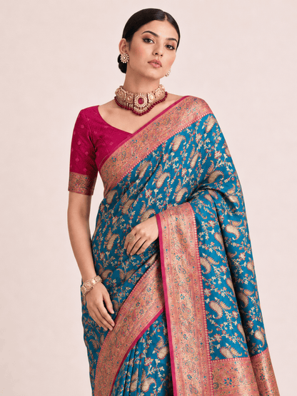 Pashtush Shawl Store Gift Pack Pashtush Womens Saree Gift Pack, Woven Art-Silk, Zari Weave Design, Royal Blue and Fuscia