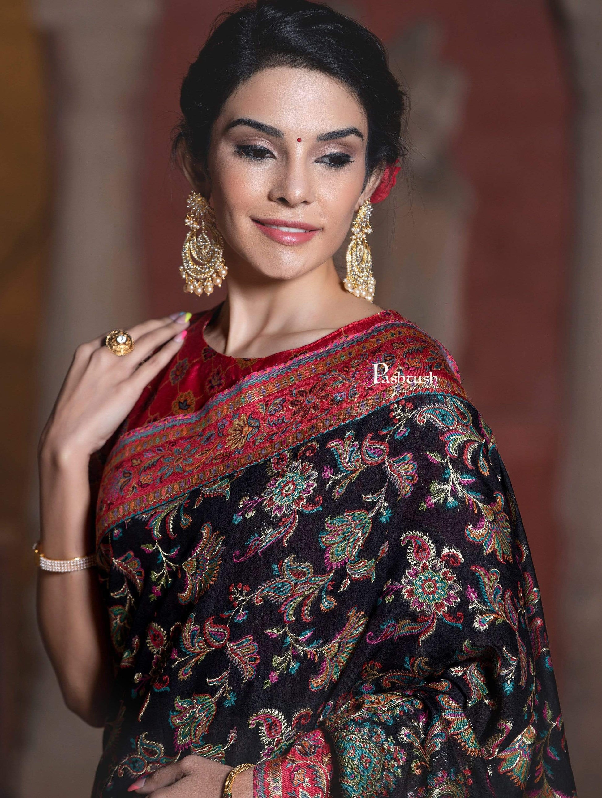 Pashtush Shawl Store 5.80 m x 1 m Pashtush Womens Saree, Kaani Weave, Deep Black, Extra Fine Silk