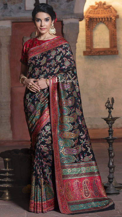 Pashtush Shawl Store 5.80 m x 1 m Pashtush Womens Saree, Kaani Weave, Deep Black, Extra Fine Silk