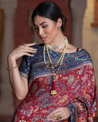 Pashtush Shawl Store 5.80 m x 1 m Pashtush Womens Saree, Kaani Weave, Extra Fine Silk, Deep Blue and Crimson
