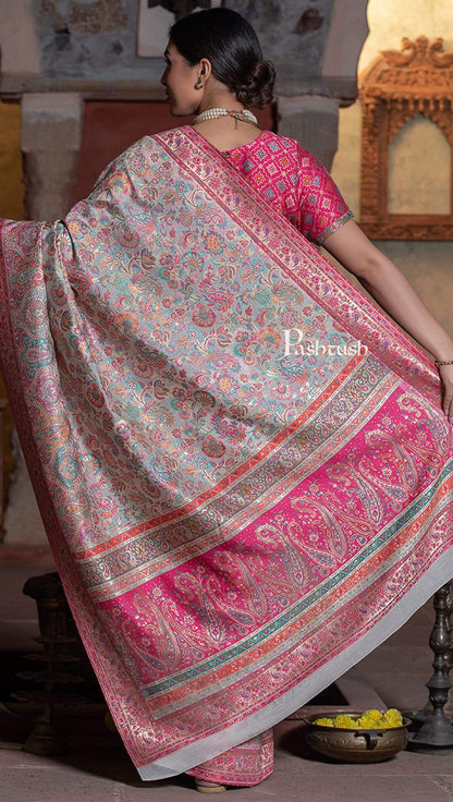 Pashtush Shawl Store 5.80 m x 1 m Pashtush Womens Saree, Kaani Weave, Extra Fine Silk, Pastel Blooms