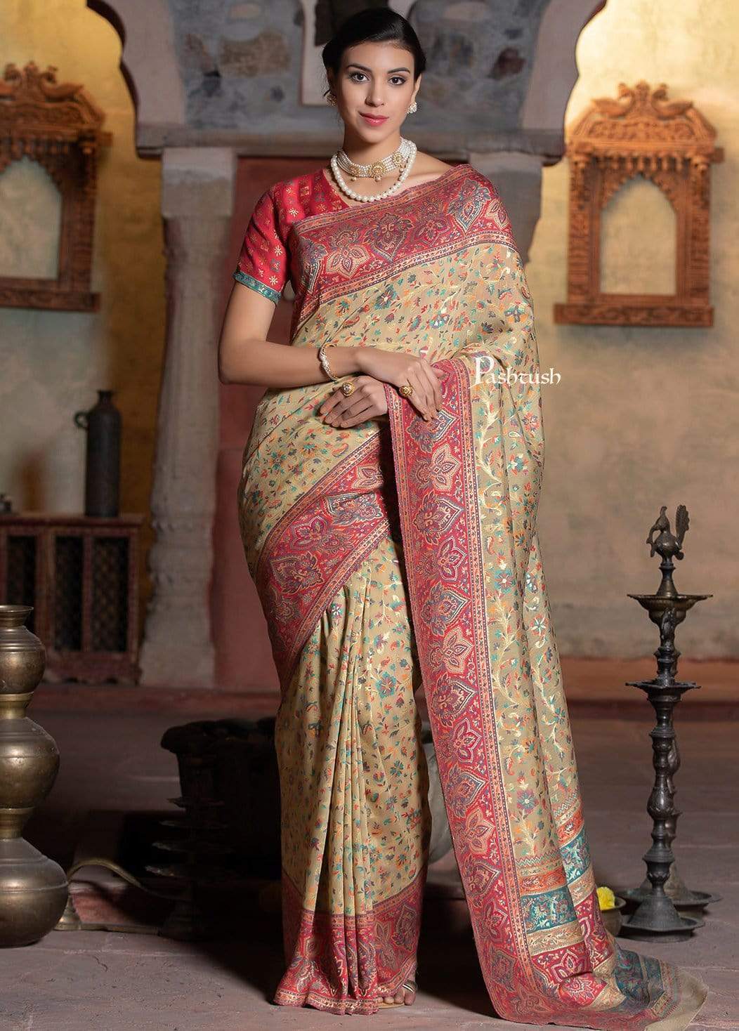 Pashtush Shawl Store 5.80 m x 1 m Pashtush Womens Saree, Kaani Weave, Extra Fine Silk, Pastel Hues (with the fall)