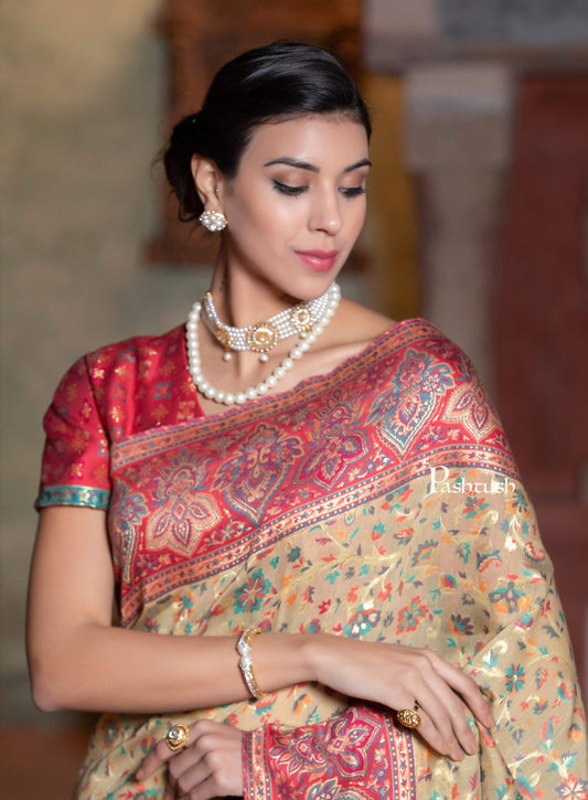 Pashtush Shawl Store 5.80 m x 1 m Pashtush Womens Saree, Kaani Weave, Extra Fine Silk, Pastel Hues (with the fall)