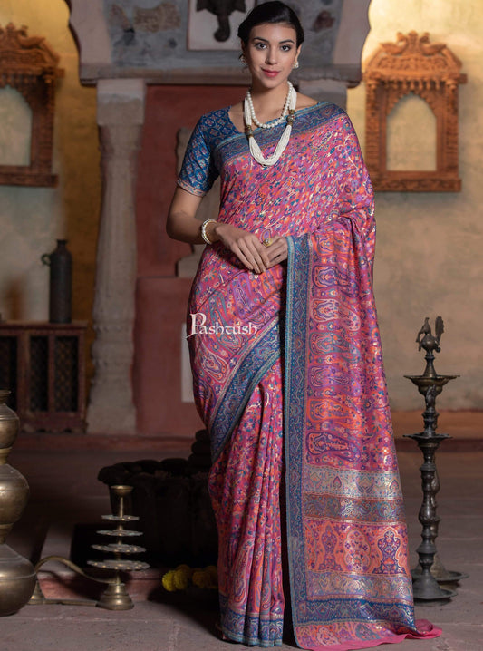 Pashtush Shawl Store 5.80 m x 1 m Pashtush Womens Saree, Kaani Weave, Extra Fine Silk, Ultra Light Weight, Multicoloured Sari
