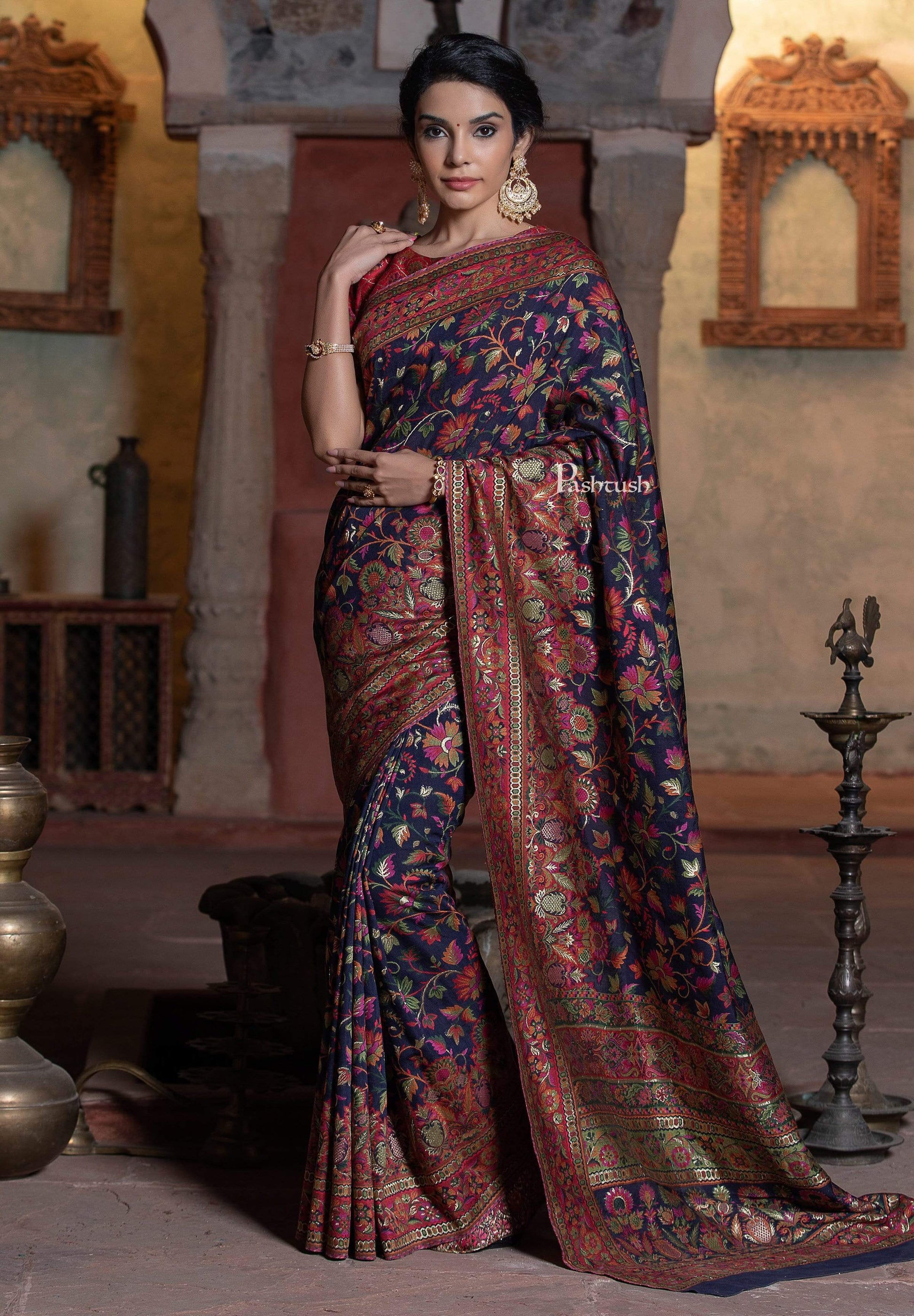 Pashtush Shawl Store 5.80 m x 1 m Pashtush Womens Saree, Kaani Weave, Extra Fine Silk, Ultra Light Weight, Multicoloured Sari