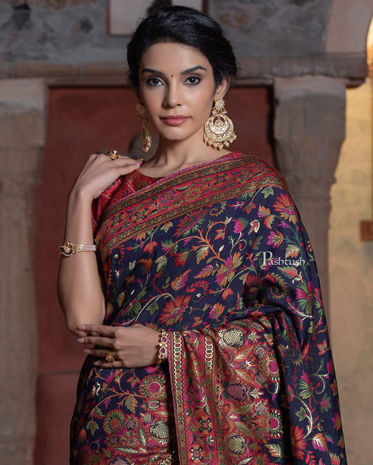 Pashtush Shawl Store 5.80 m x 1 m Pashtush Womens Saree, Kaani Weave, Extra Fine Silk, Ultra Light Weight, Multicoloured Sari