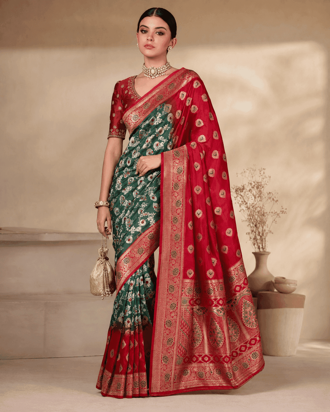 Pashtush Shawl Store Womens Suits Unstitched Material Pashtush Womens Saree, Woven Art-Silk, Zari Weave Design, Ombre Crimson