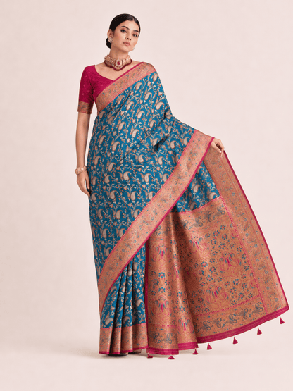 Pashtush Shawl Store Womens Sarees Pashtush Womens Saree, Woven Art-Silk, Zari Weave Design, Turquoise Blue and Fuscia