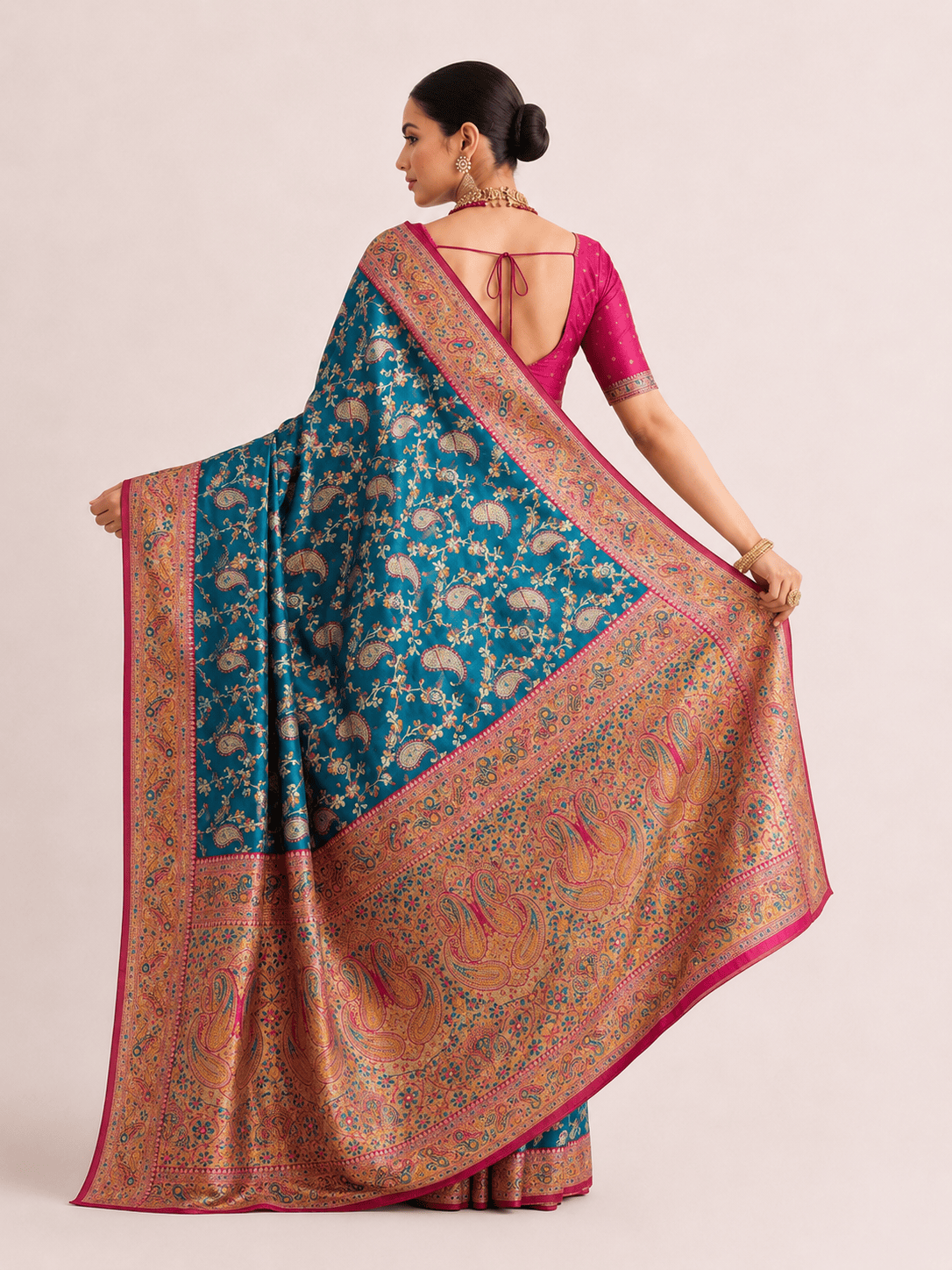 Pashtush Shawl Store Womens Sarees Pashtush Womens Saree, Woven Art-Silk, Zari Weave Design, Turquoise Blue and Fuscia