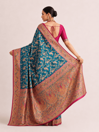 Pashtush Shawl Store Womens Sarees Pashtush Womens Saree, Woven Art-Silk, Zari Weave Design, Turquoise Blue and Fuscia
