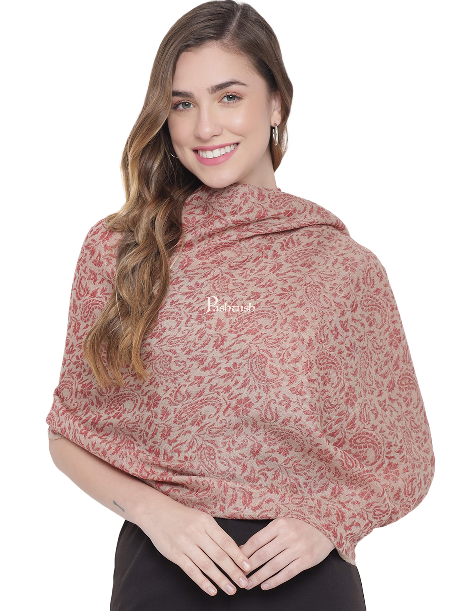 Pashtush India Womens Stoles and Scarves Scarf Pashtush Womens Self Stole, Fine Wool, Paiseley Weave, Beige and Red