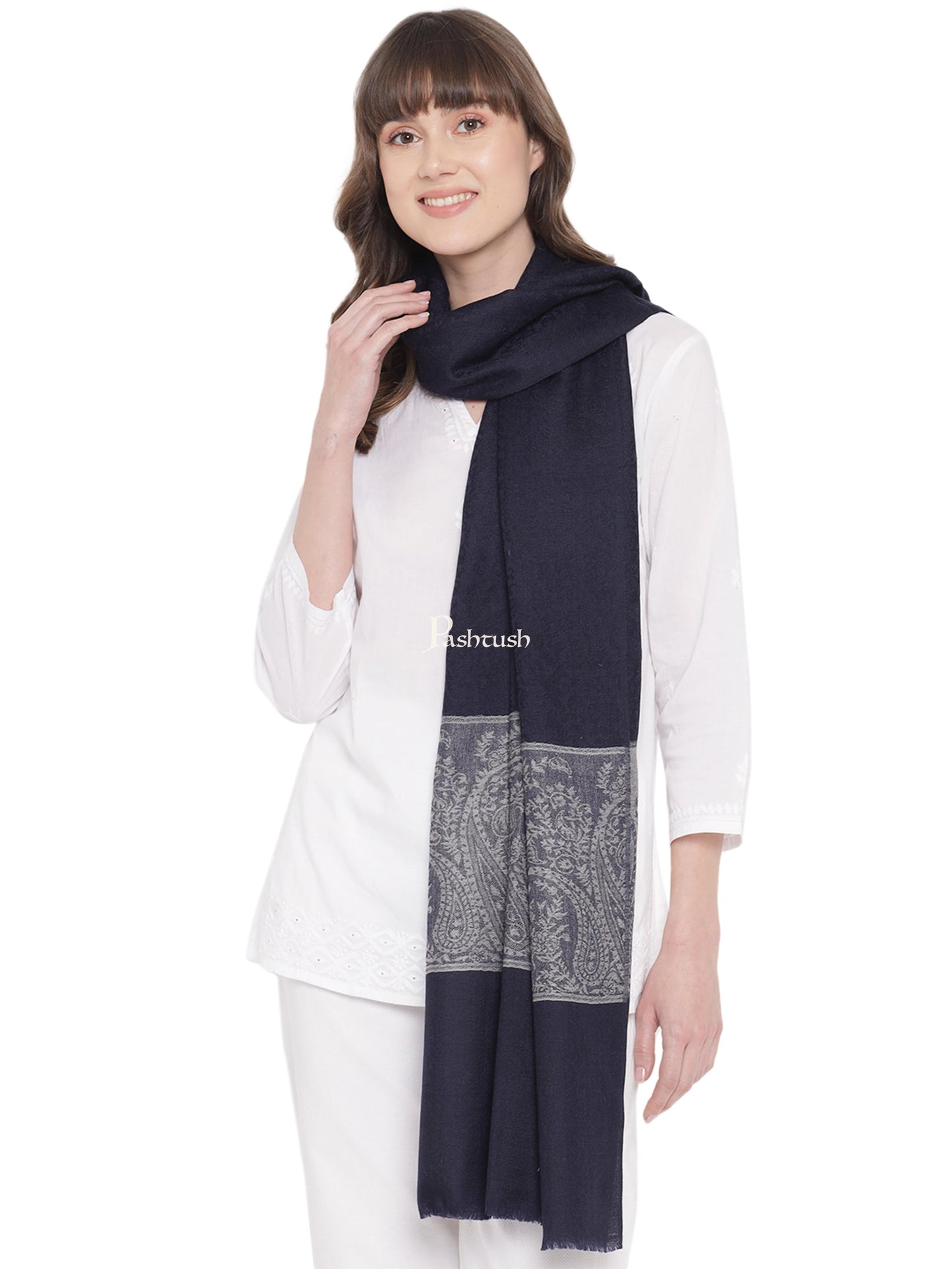 Pashtush India Womens Stoles and Scarves Scarf Pashtush Womens Self Stole, Fine Wool, Paisley Palla Weave, Navy Blue