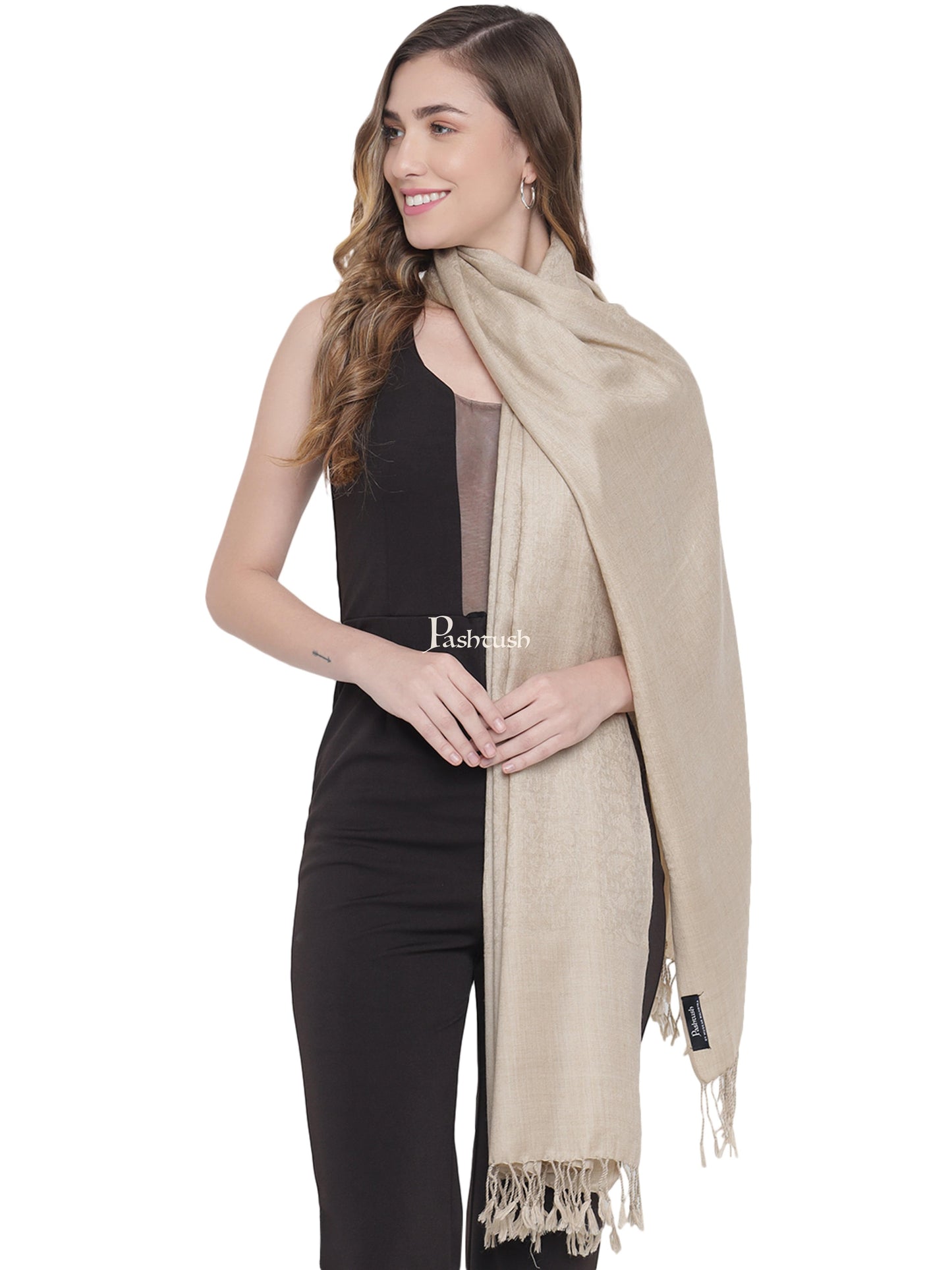Pashtush India Womens Stoles and Scarves Scarf Pashtush Womens Self Stole, Fine Wool, Paisley Weave, Beige