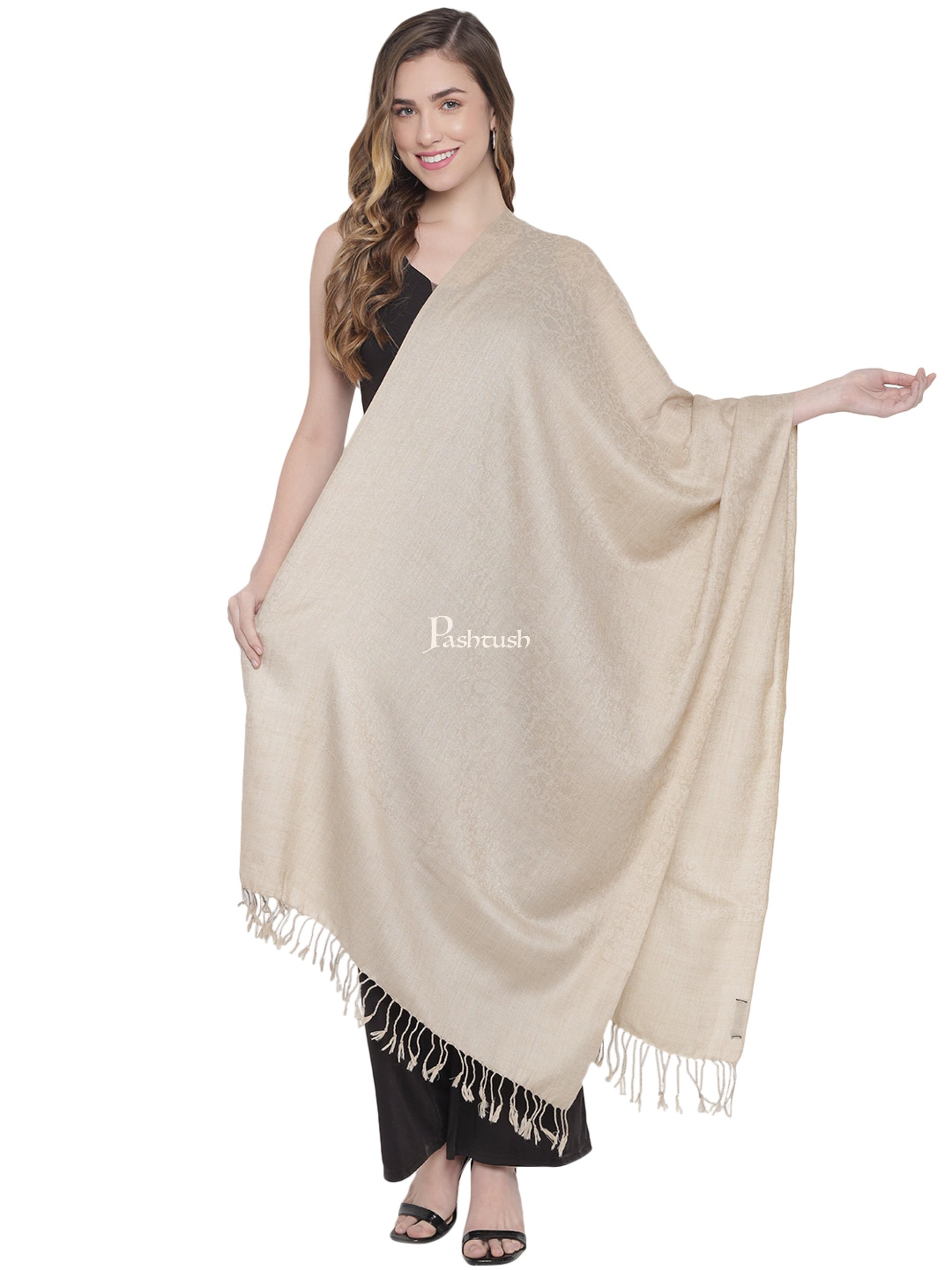 Pashtush India Womens Stoles and Scarves Scarf Pashtush Womens Self Stole, Fine Wool, Paisley Weave, Beige