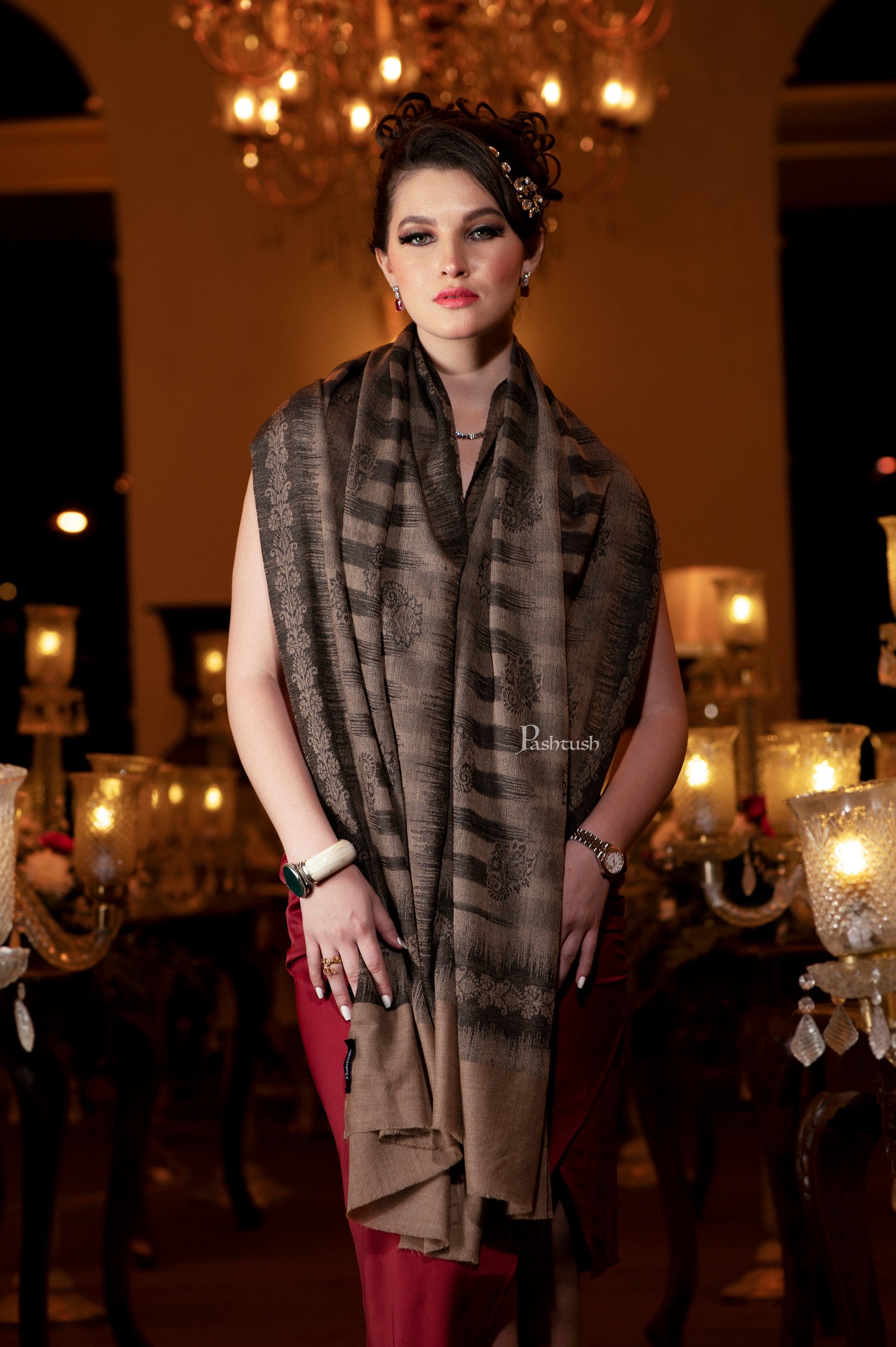 Pashtush India Womens Stoles and Scarves Scarf Pashtush Womens Self Stole, Fine Wool, Paisley Weave, Black and Taupe