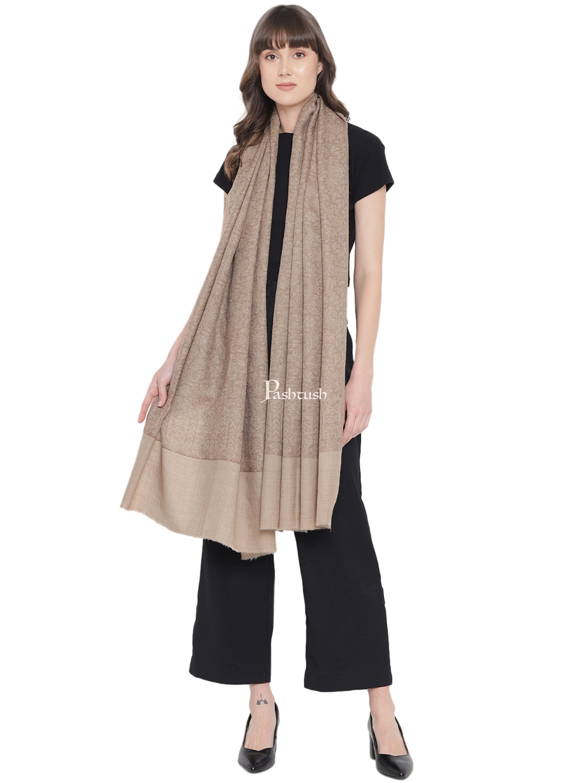 Pashtush India Womens Stoles and Scarves Scarf Pashtush Womens Self Stole, Fine Wool, Paisley Weave, Taupe