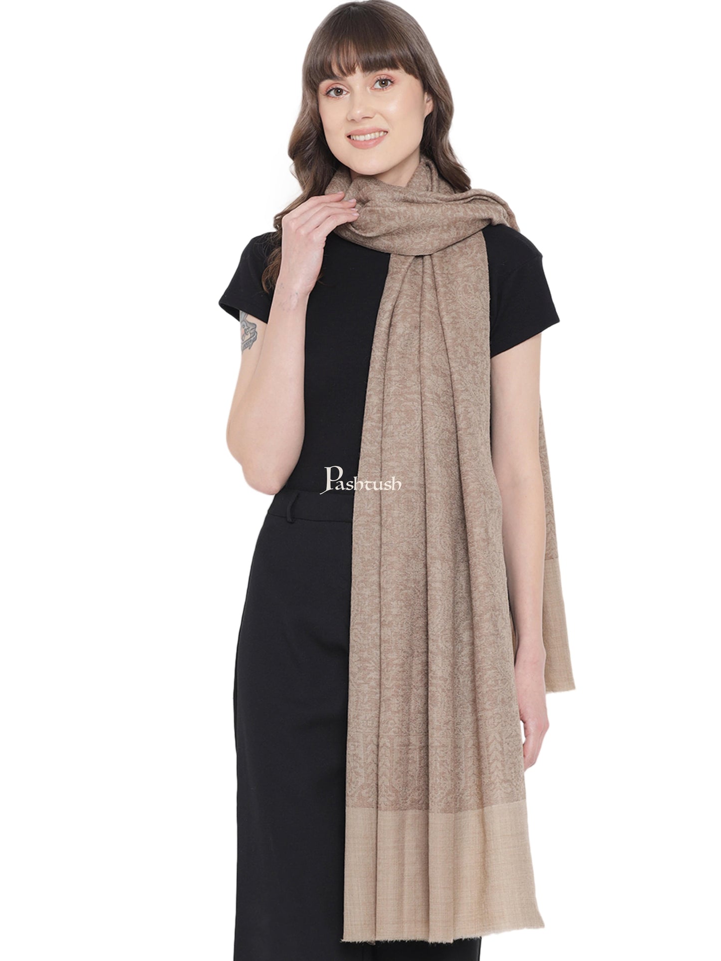 Pashtush India Womens Stoles and Scarves Scarf Pashtush Womens Self Stole, Fine Wool, Paisley Weave, Taupe