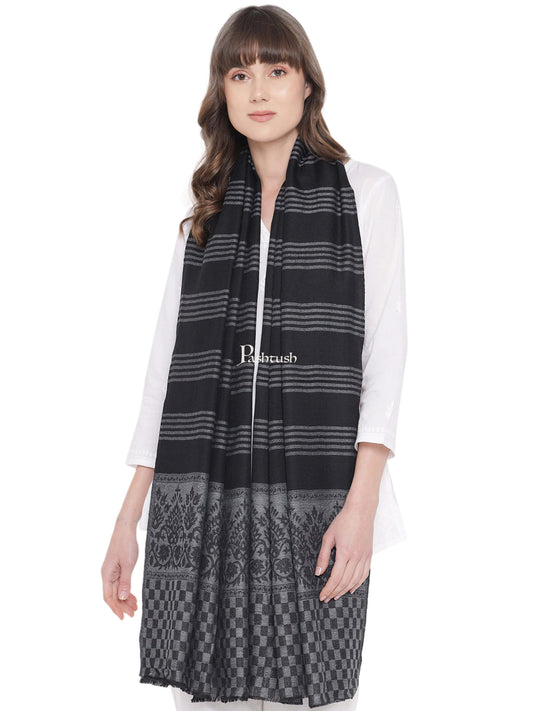 Pashtush India Womens Stoles and Scarves Scarf Pashtush Womens Self Stole, Fine Wool, Striped Weave, Black