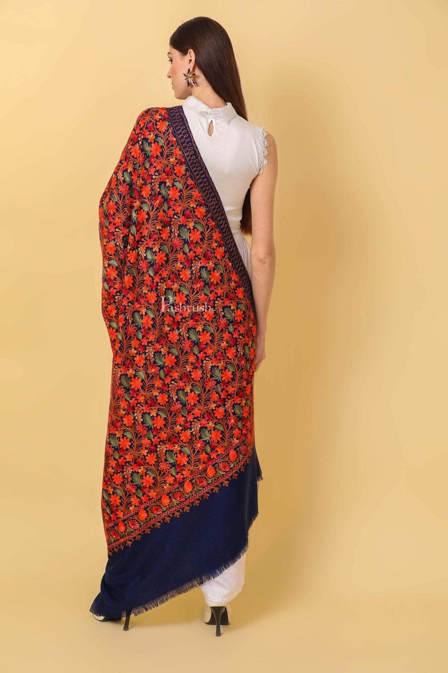 Pashtush India 100x200 Pashtush Womens Shawl, Aari Embroidery, Navy Blue