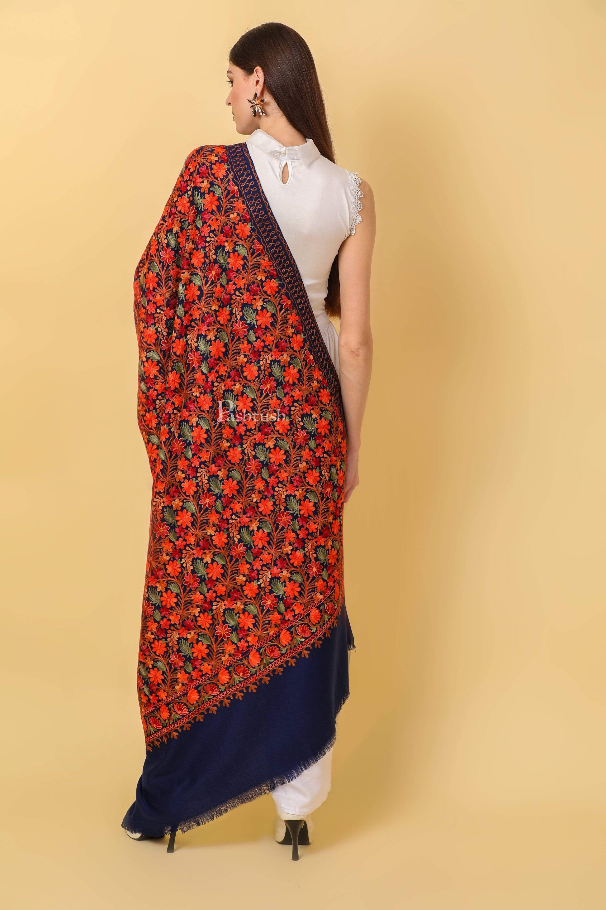 Pashtush India 100x200 Pashtush Womens Shawl, Aari Embroidery, Navy Blue
