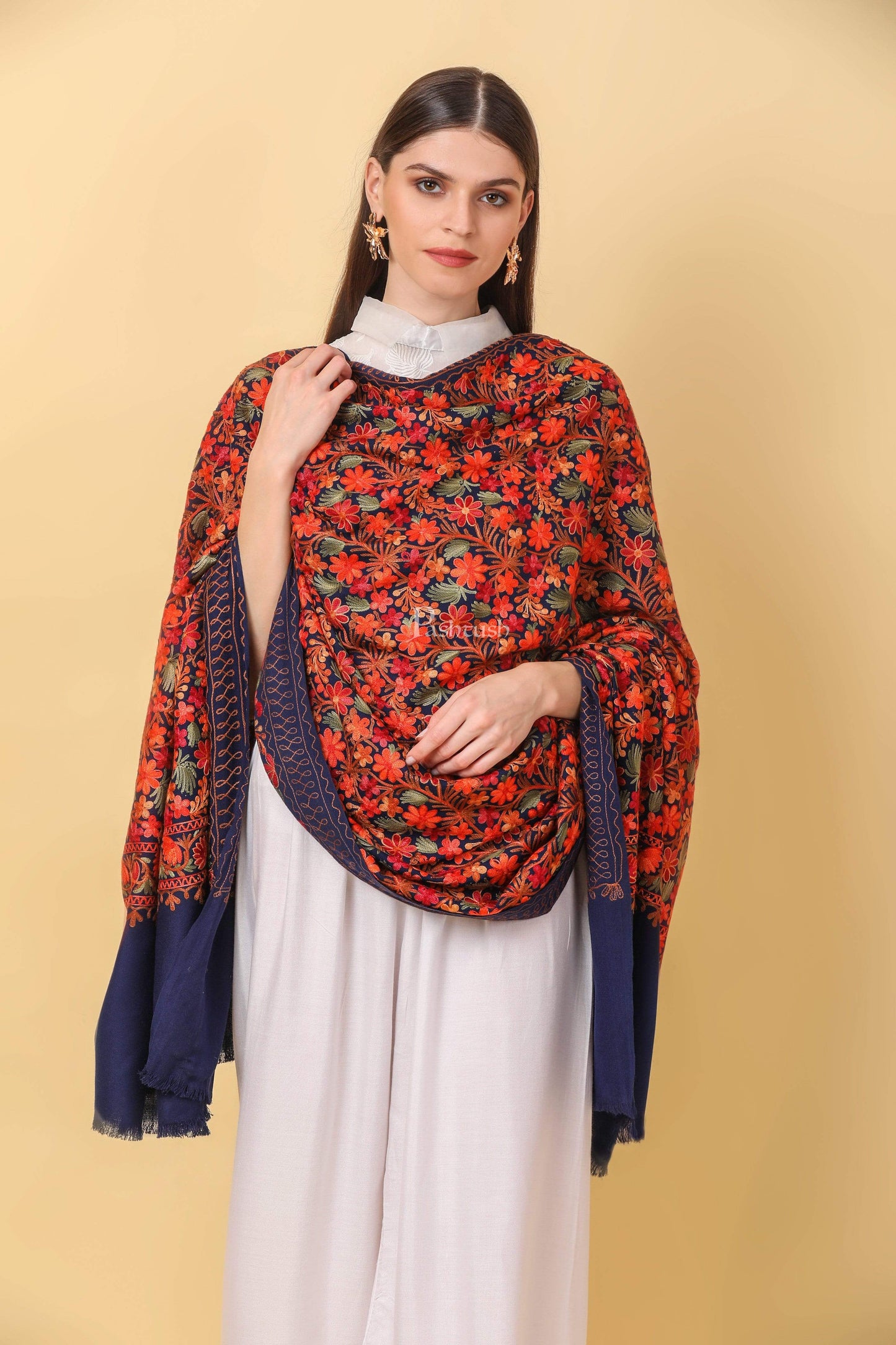 Pashtush India 100x200 Pashtush Womens Shawl, Aari Embroidery, Navy Blue