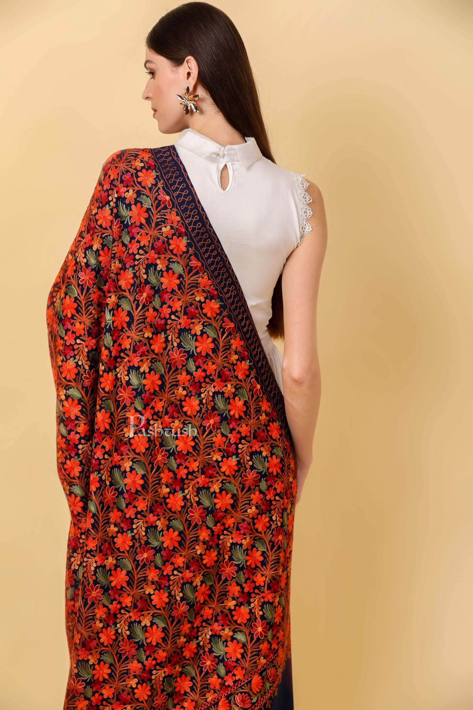 Pashtush India 100x200 Pashtush Womens Shawl, Aari Embroidery, Navy Blue