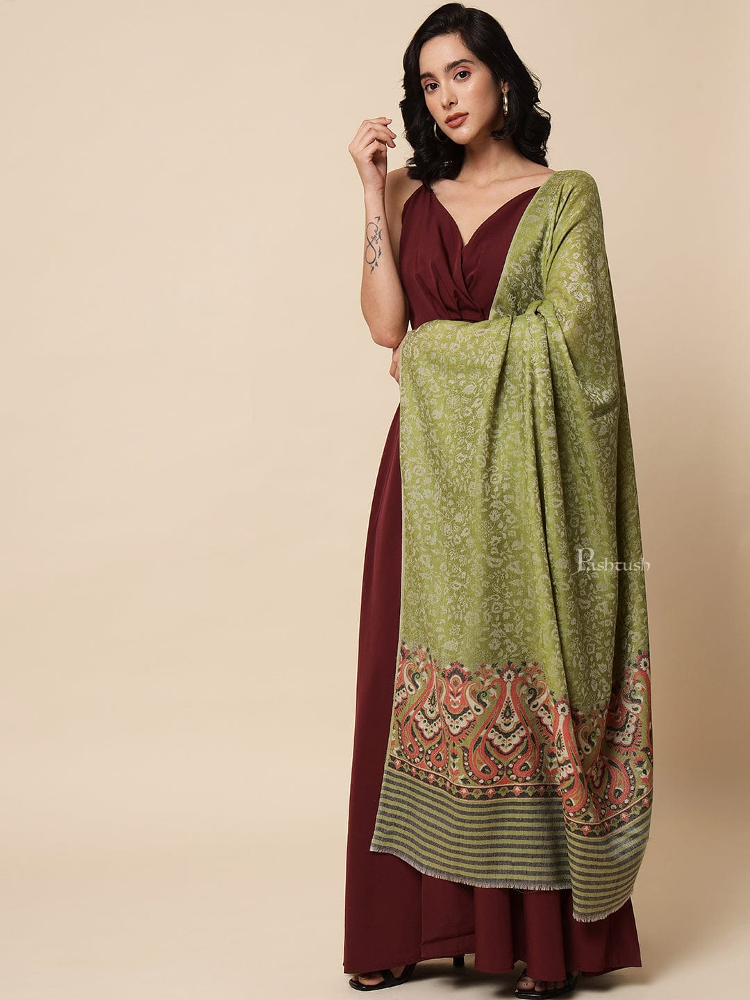 Pashtush India Womens Shawls Pashtush Womens Shawl, Extra Fine Wool, With Paisley Palla, Woven Design