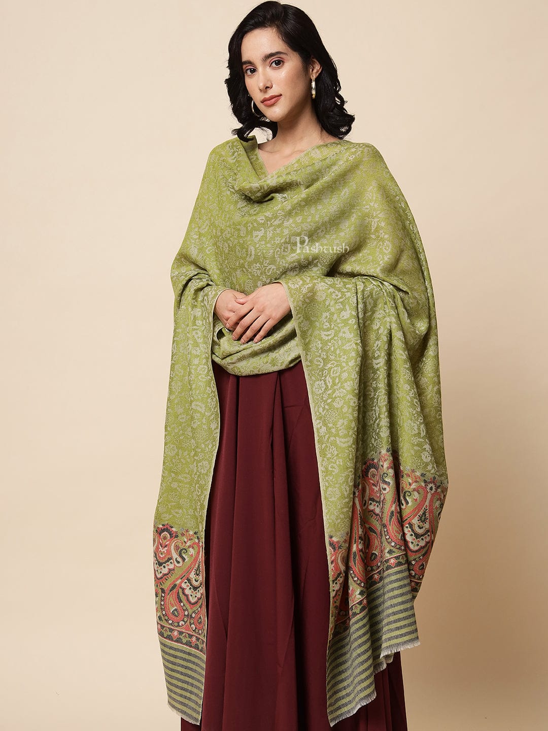 Pashtush India Womens Shawls Pashtush Womens Shawl, Extra Fine Wool, With Paisley Palla, Woven Design