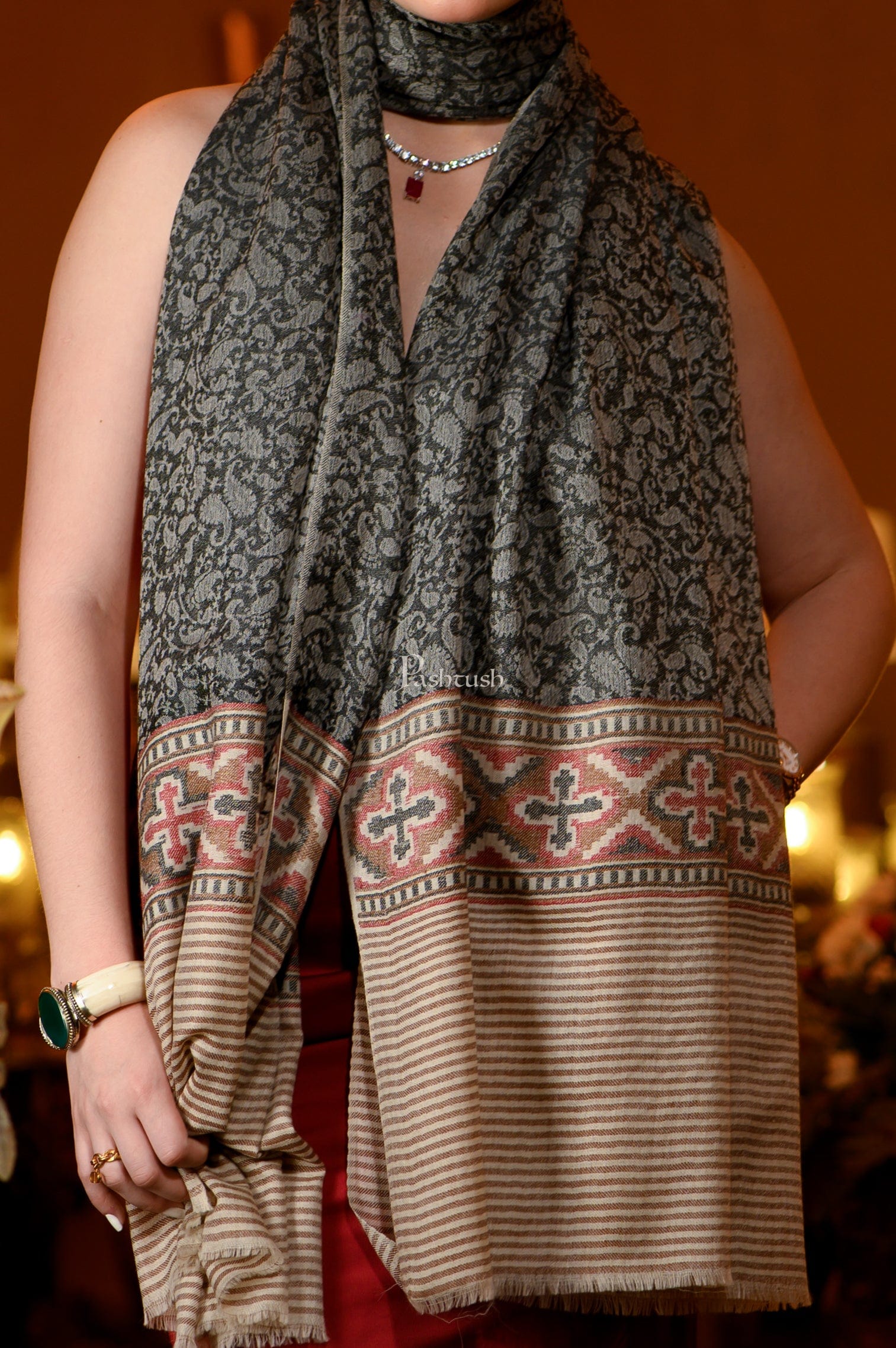 Pashtush India Womens Shawls Pashtush Womens Shawl, Fine Wool, Aztec Weave, Soft light weight, Black