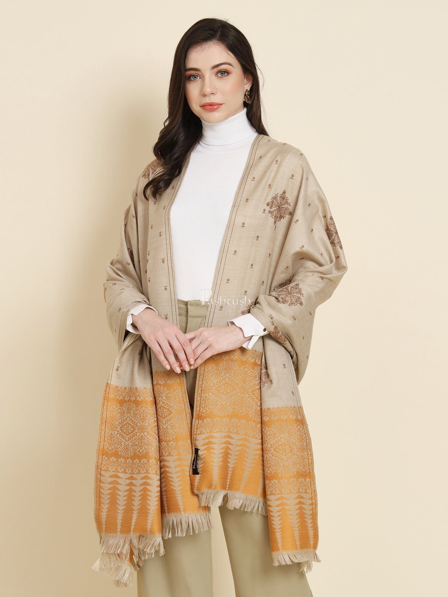 Pashtush India Womens Shawls Pashtush Womens shawl, Fine Wool, Bootey Kashmiri Embroidery, Beige and Mustard