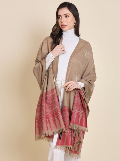 Pashtush India Womens Shawls Pashtush Womens shawl, Fine Wool, Bootey Kashmiri Embroidery, Taupe and Maroon