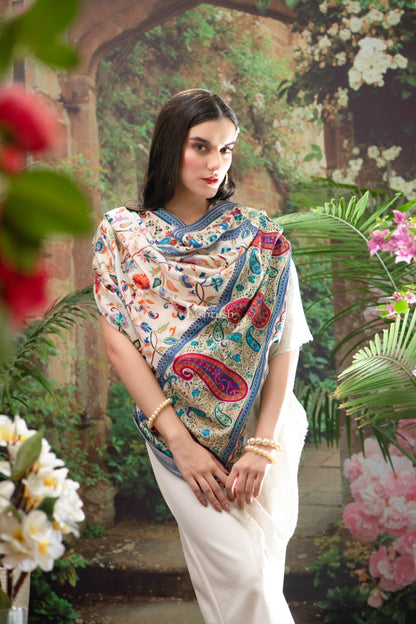 Pashtush India Womens Shawls Pashtush Womens Shawl, Fine Wool, Hand Embroidery, Kalamkari Design, Blue, Soft and Warm, Ivory