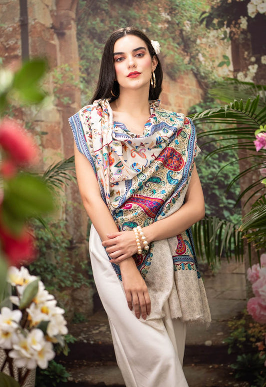 Pashtush India Womens Shawls Pashtush Womens Shawl, Fine Wool, Hand Embroidery, Kalamkari Design, Blue, Soft and Warm, Ivory