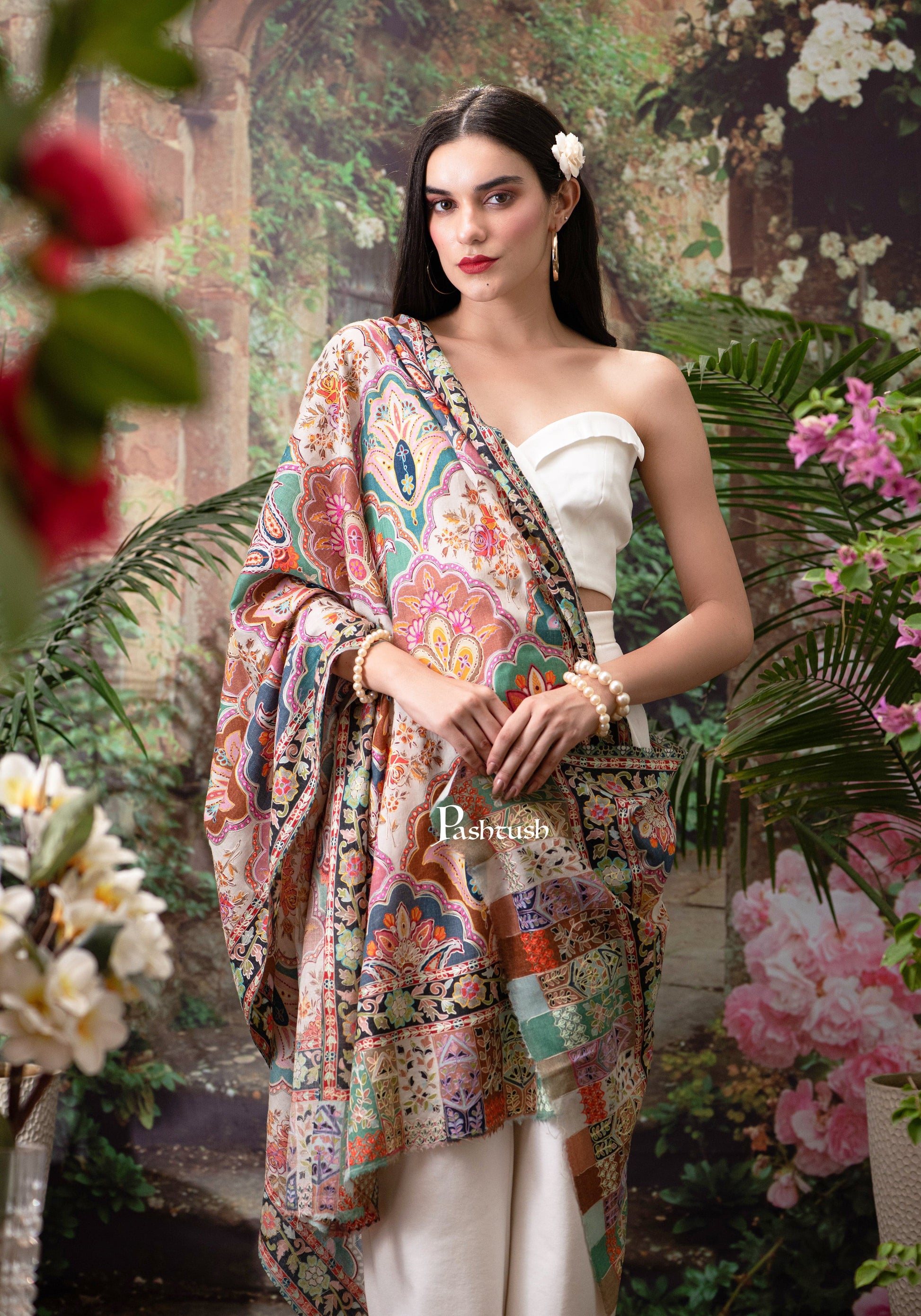 Pashtush India Womens Shawls Pashtush Womens Shawl, Fine Wool, Hand Embroidery, Kalamkari Design, Multicolour, Soft and Warm
