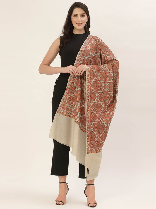 Pashtush India Womens Shawls Pashtush Womens Shawl, Fine Wool, Needlework Jaal, Papier Mache Embroidery, Beige