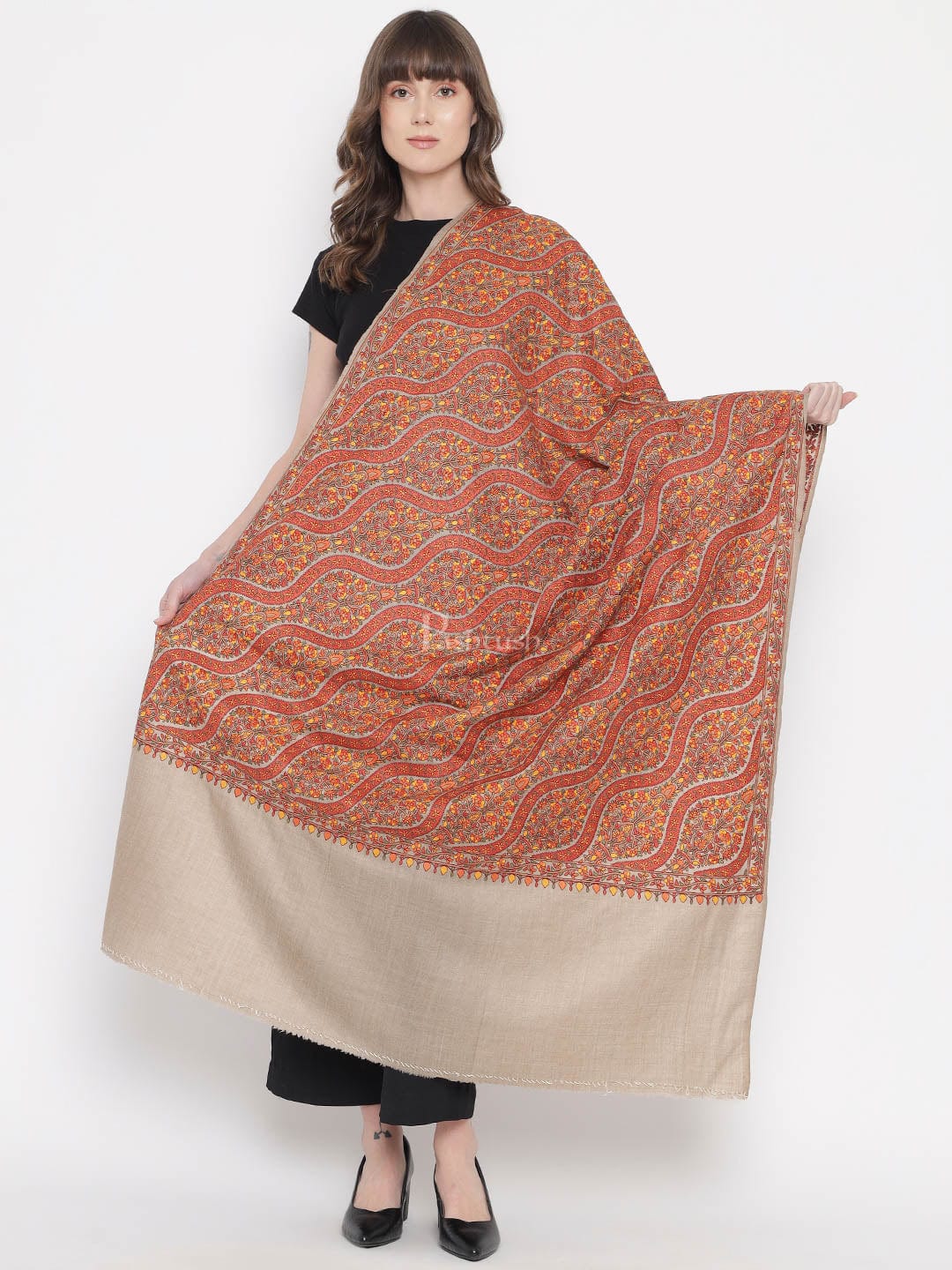 Pashtush India Womens Shawls Pashtush Womens Shawl, Fine Wool, Needlework Jaal, Papier Mache Embroidery, Beige