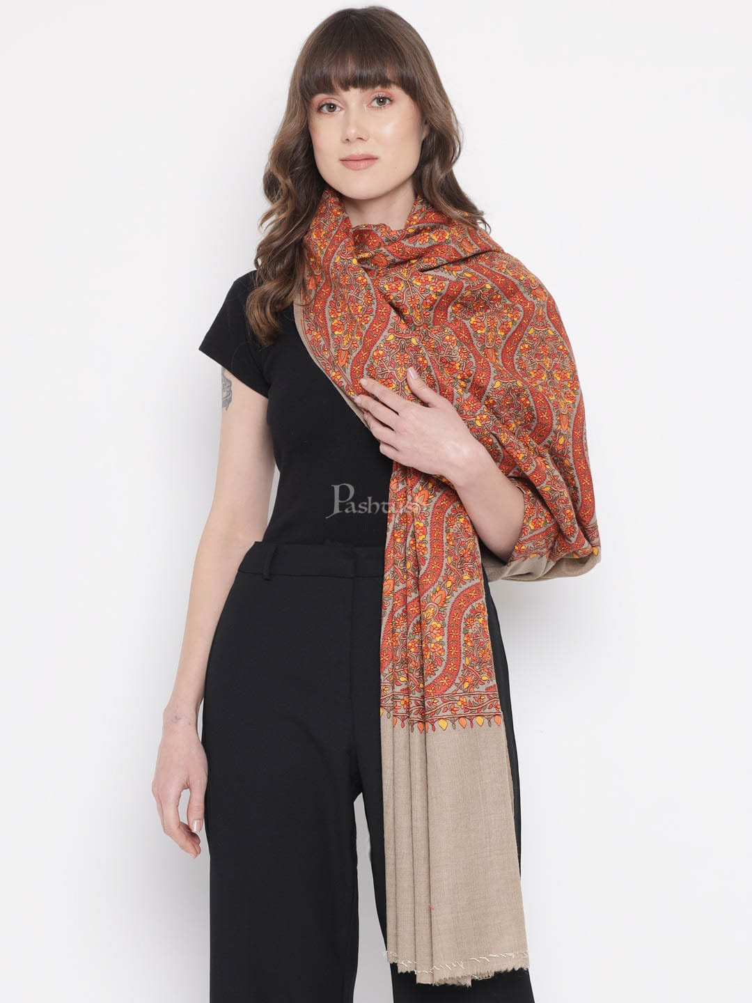 Pashtush India Womens Shawls Pashtush Womens Shawl, Fine Wool, Needlework Jaal, Papier Mache Embroidery, Beige