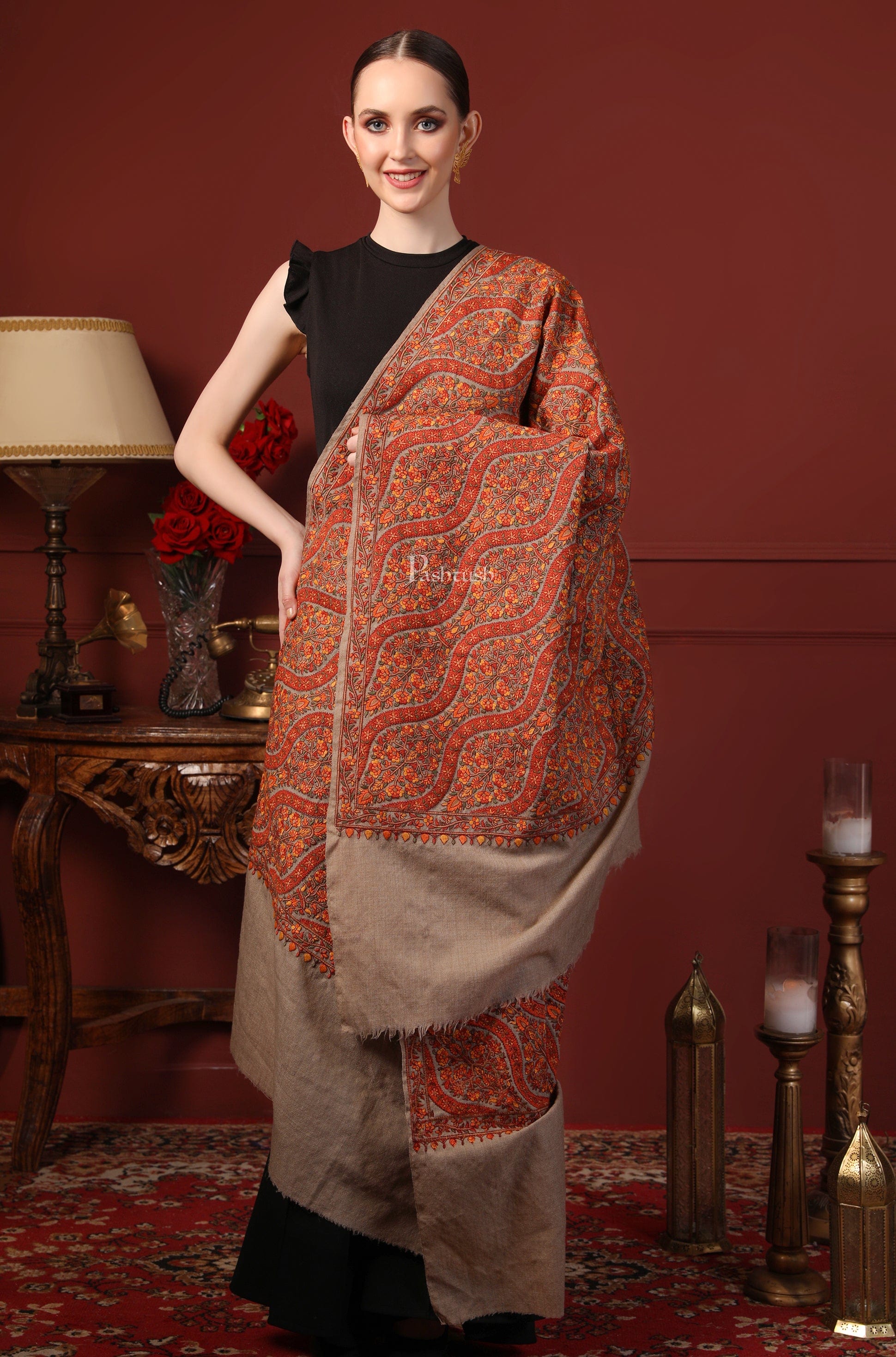 Pashtush India Womens Shawls Pashtush Womens Shawl, Fine Wool, Needlework Jaal, Papier Mache Embroidery, Beige