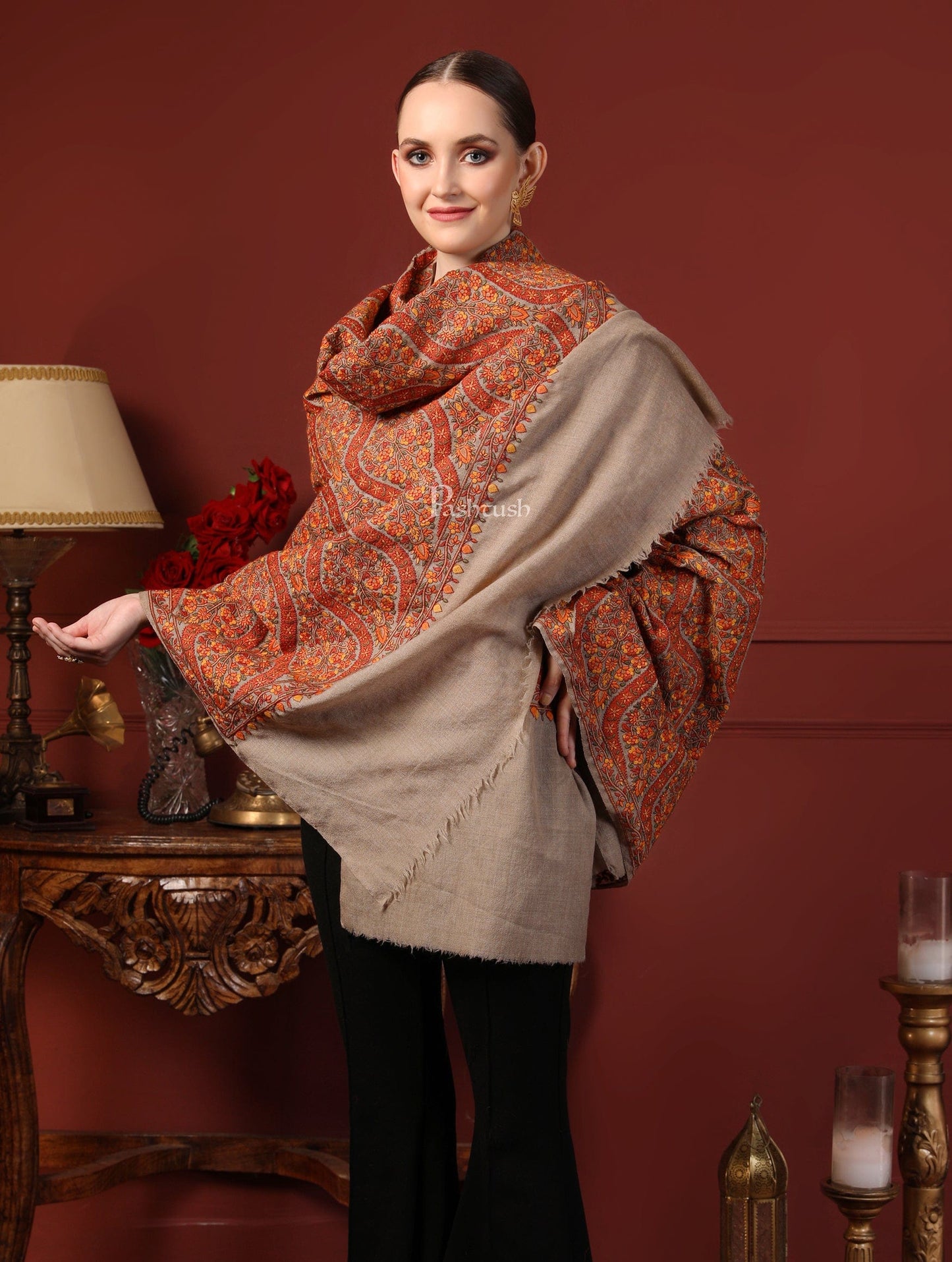 Pashtush India Womens Shawls Pashtush Womens Shawl, Fine Wool, Needlework Jaal, Papier Mache Embroidery, Beige