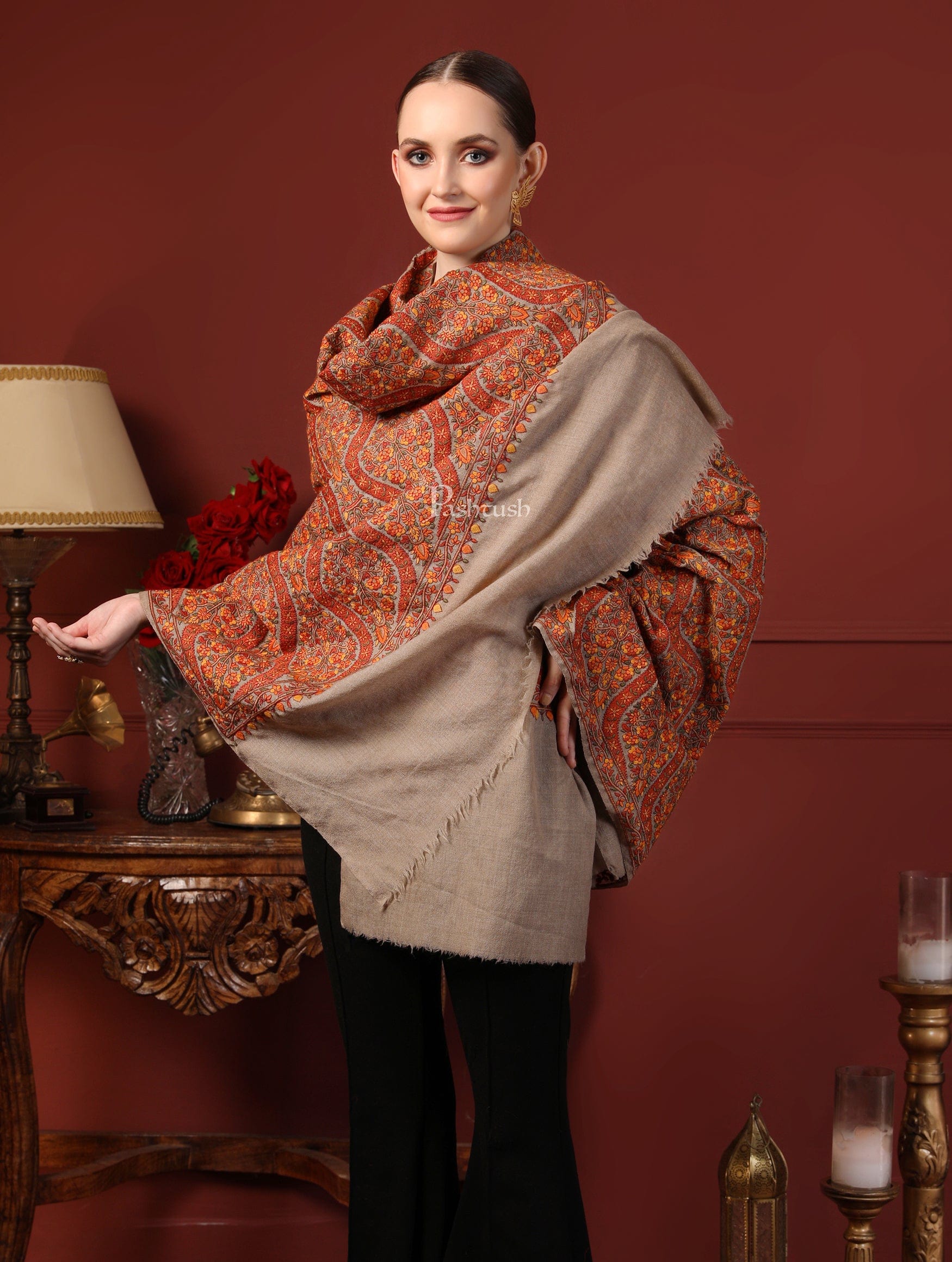 Pashtush India Womens Shawls Pashtush Womens Shawl, Fine Wool, Needlework Jaal, Papier Mache Embroidery, Beige