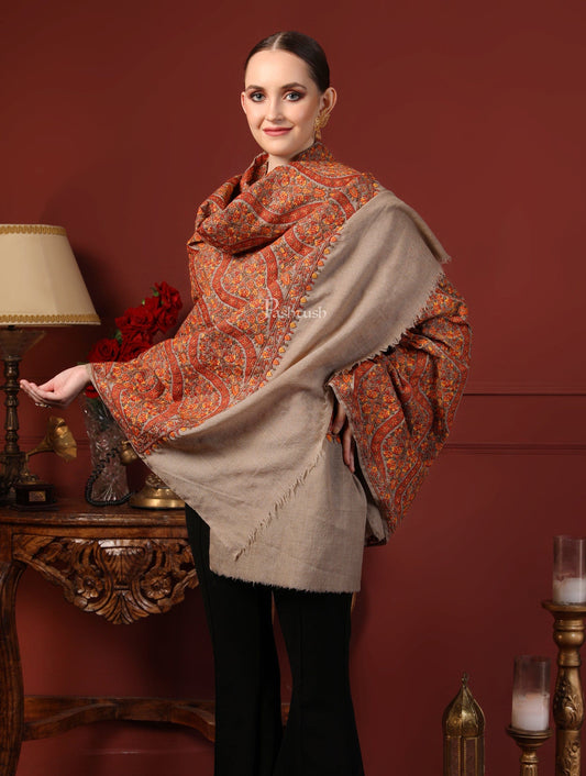 Pashtush India Womens Shawls Pashtush Womens Shawl, Fine Wool, Needlework Jaal, Papier Mache Embroidery, Beige