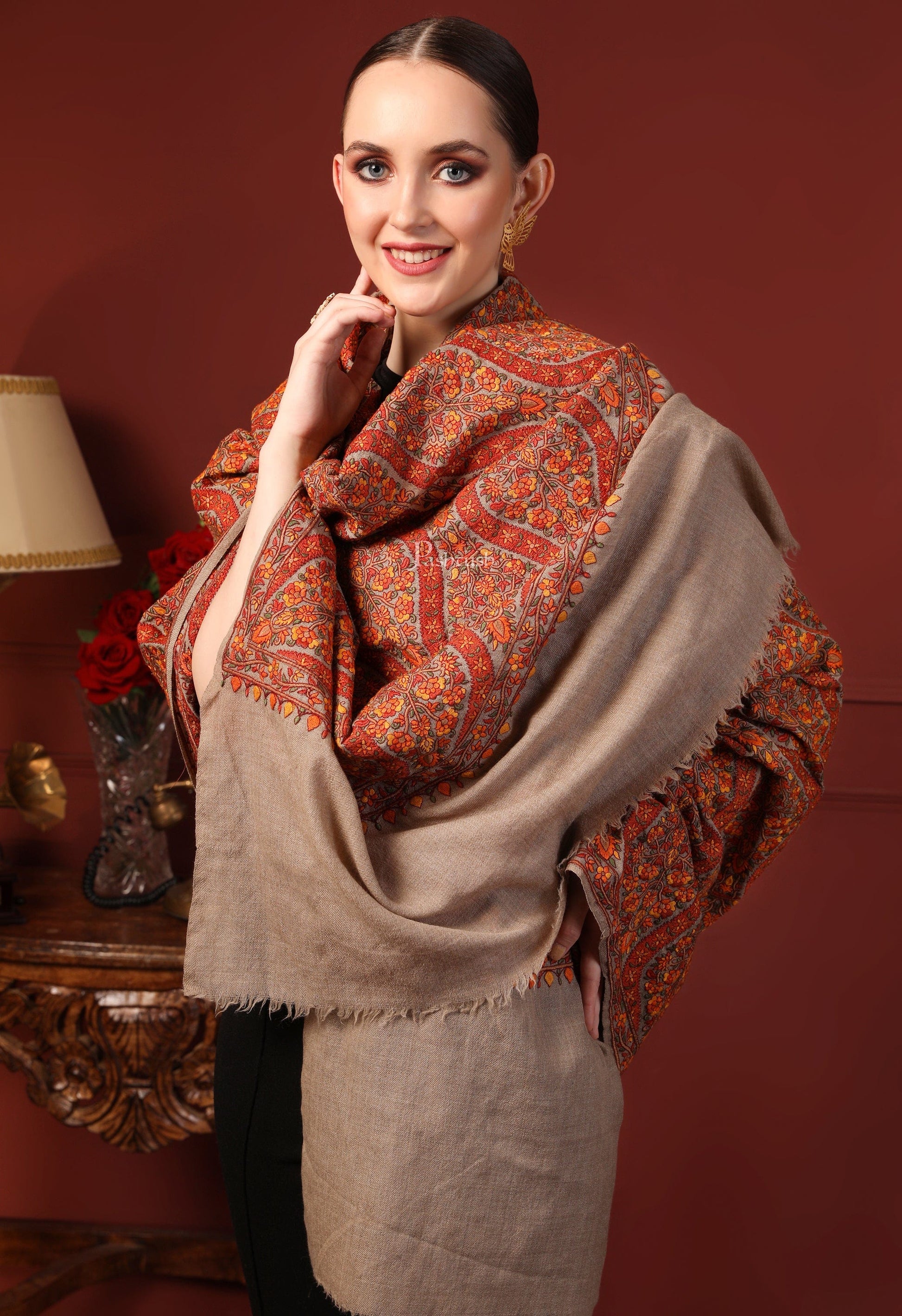Pashtush India Womens Shawls Pashtush Womens Shawl, Fine Wool, Needlework Jaal, Papier Mache Embroidery, Beige