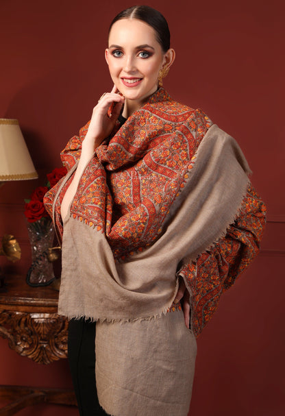 Pashtush India Womens Shawls Pashtush Womens Shawl, Fine Wool, Needlework Jaal, Papier Mache Embroidery, Beige