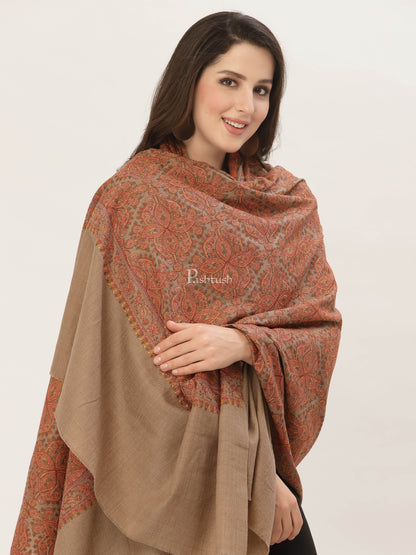 Pashtush India Womens Shawls Pashtush Womens Shawl, Fine Wool, Needlework Jaal, Papier Mache Embroidery, taupe