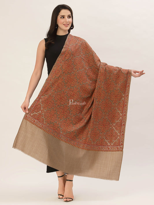 Pashtush India Womens Shawls Pashtush Womens Shawl, Fine Wool, Needlework Jaal, Papier Mache Embroidery, taupe