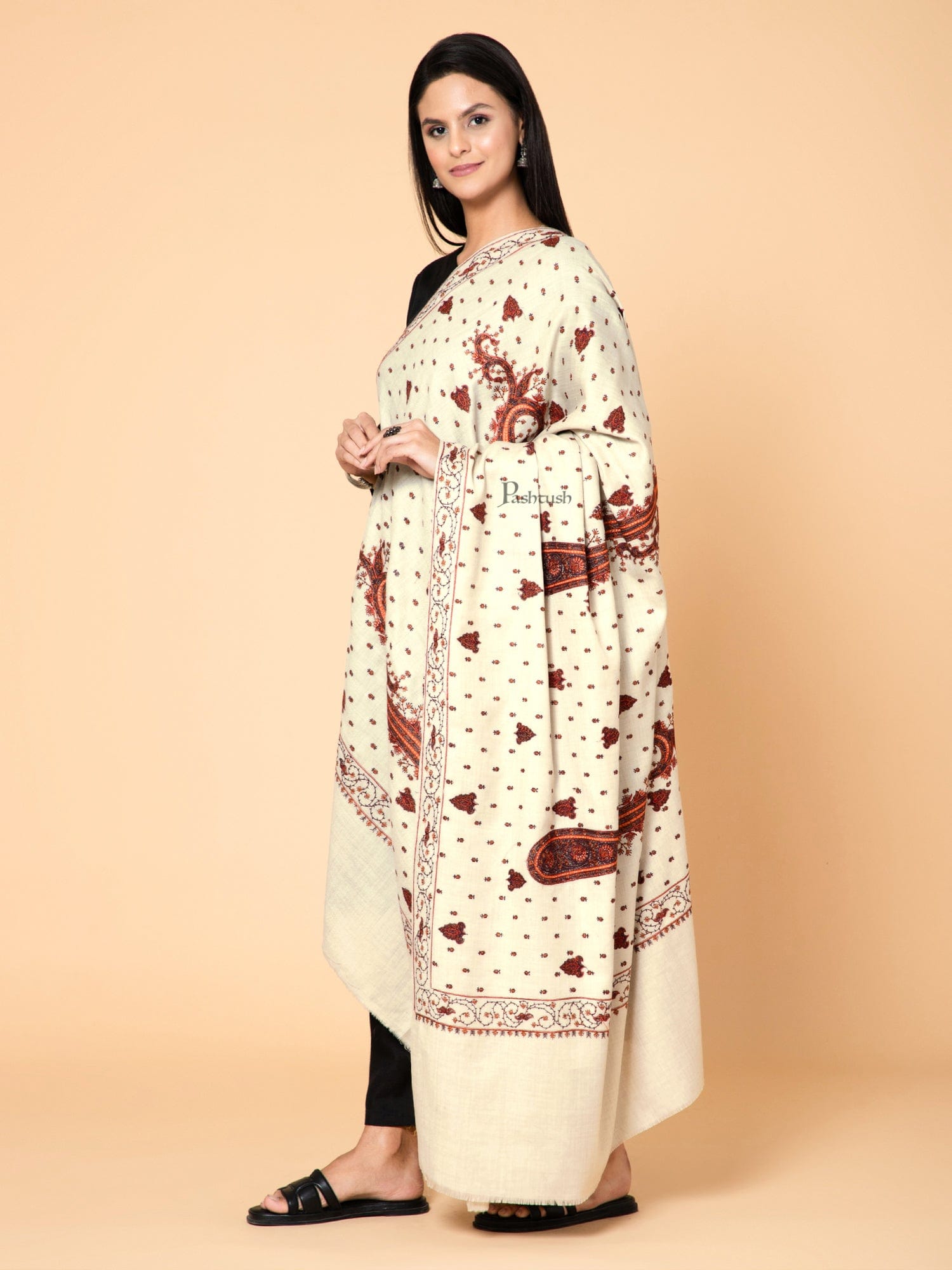 Pashtush India Womens Shawls Pashtush Womens Shawl, Fine Wool Paisley Embroidery, Beige