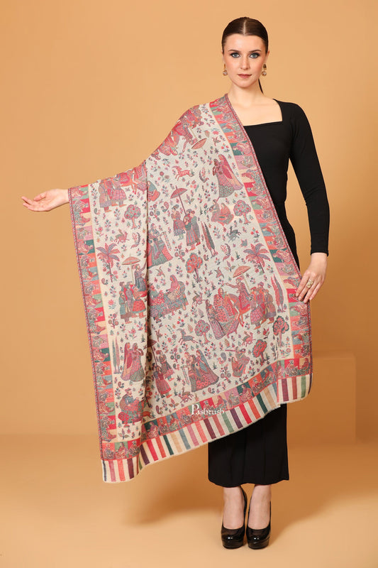 Pashtush India Womens Shawls Pashtush Womens Shawl, Fine Wool, Soft and Warm, Woven Darbar Design, Light Beige