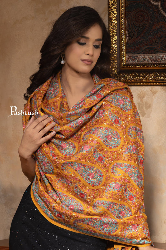 Pashtush India Womens Shawls Pashtush Womens Shawl, Intricate Kashmiri Embroidery, Fine Wool, Jama Jaal, Mustard