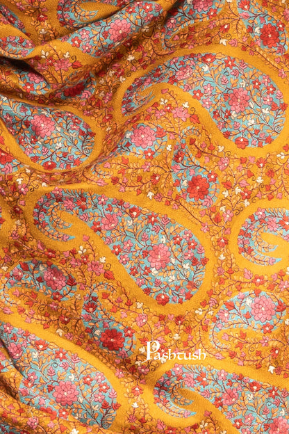 Pashtush India Womens Shawls Pashtush Womens Shawl, Intricate Kashmiri Embroidery, Fine Wool, Jama Jaal, Mustard