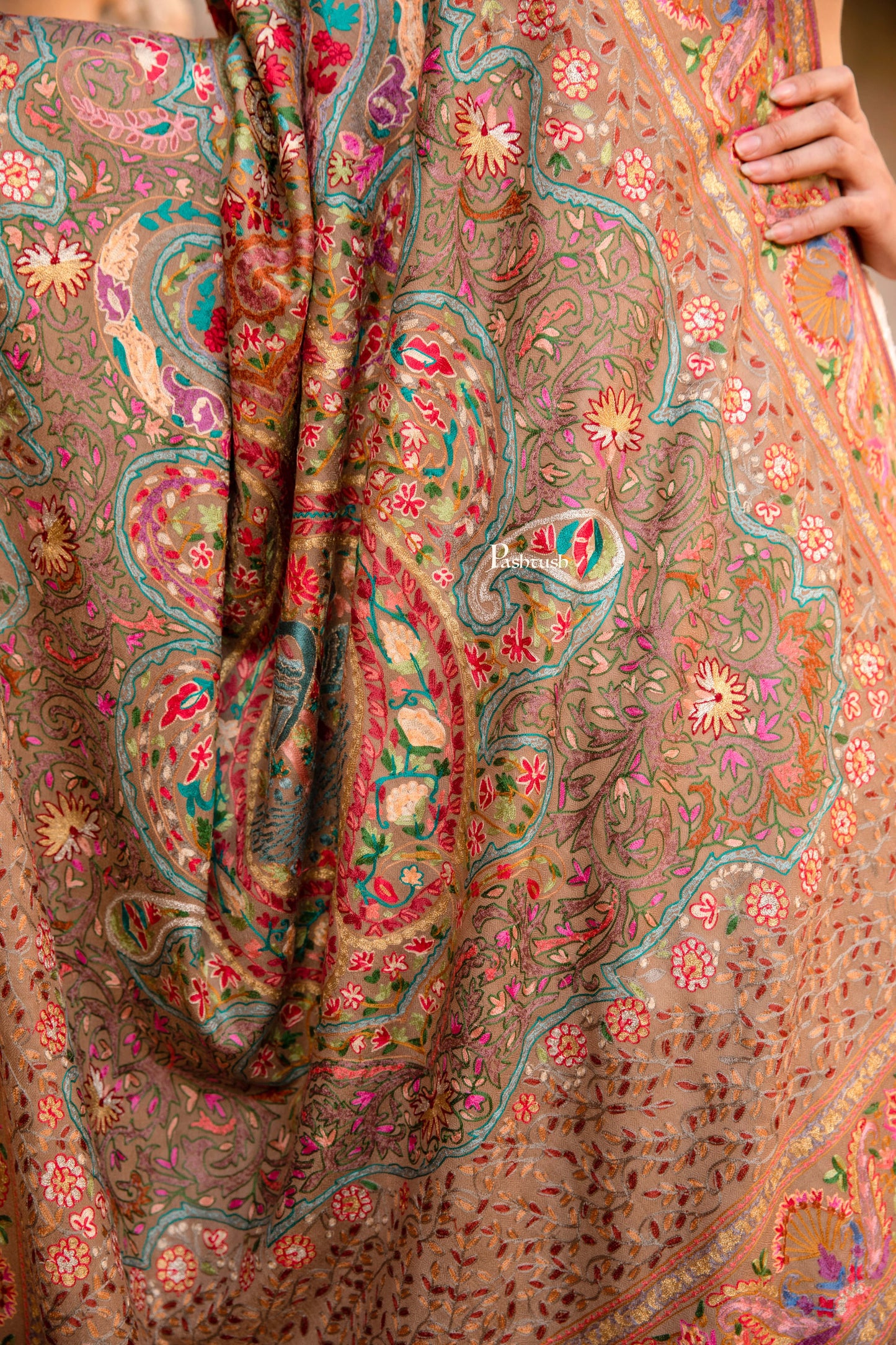 Pashtush India Womens Shawls Pashtush Womens Shawl, Kashmiri Tilla Embroidery, Royal Gardens of Paradise, Fine Wool, Taupe